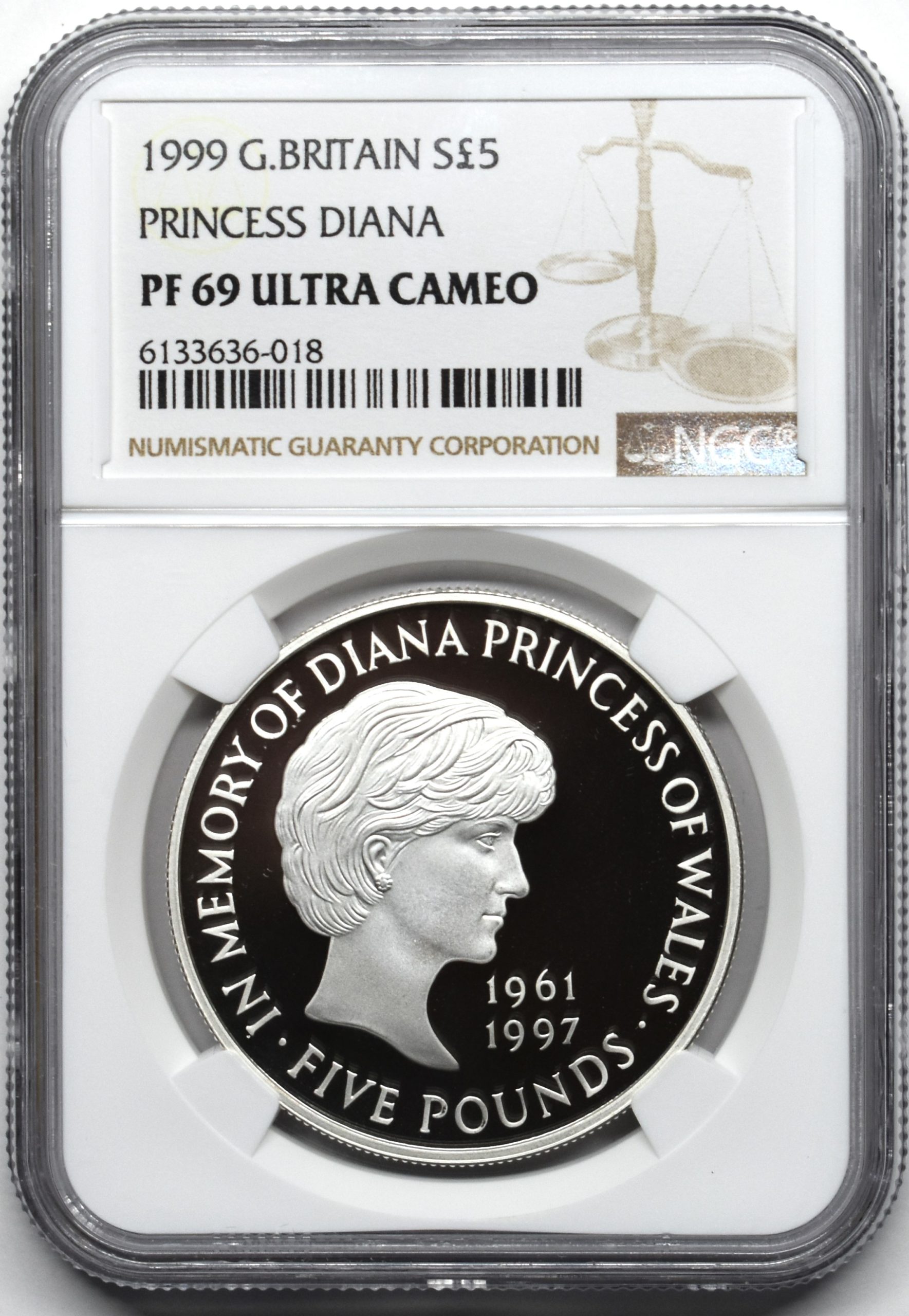 Sold】【年収300万円の方】1999年 ダイアナ 5ポンド銀貨 PF69UCAM NGC